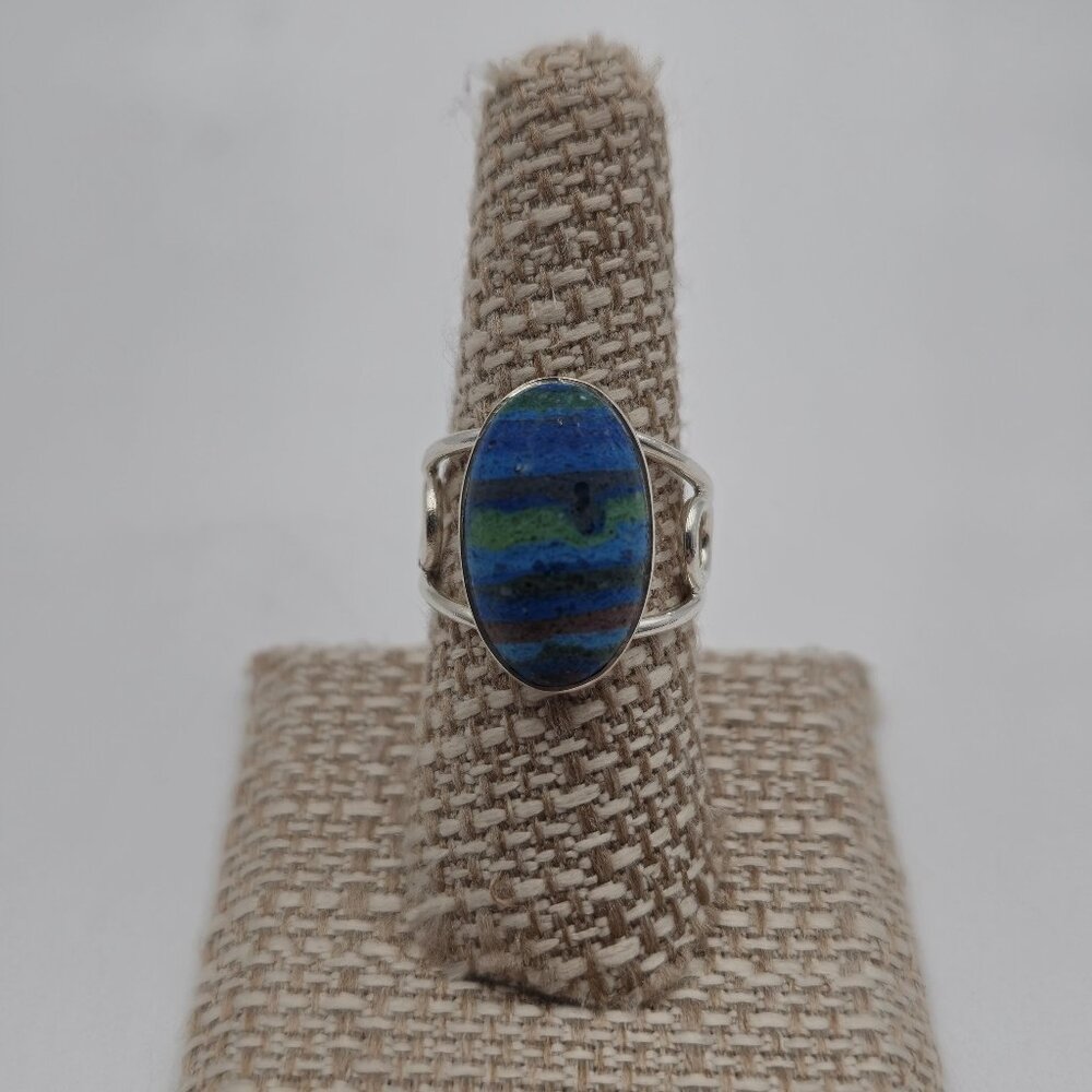 Size 8 Sterling Silver Rainbow Calsilica Stone Band Ring A3833
